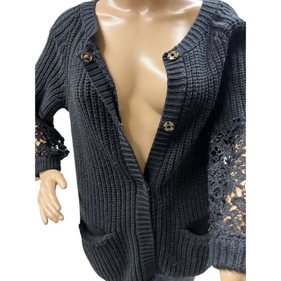Lauren Conrad Black Crochet Sleeve Snap Front Cardigan Sweater Womens Large - Picture 5 of 12